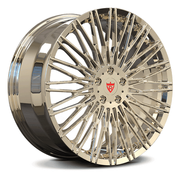 Custom forged monoblock wheel in gold designed for corvette, machined from aerospace-grade aluminum.